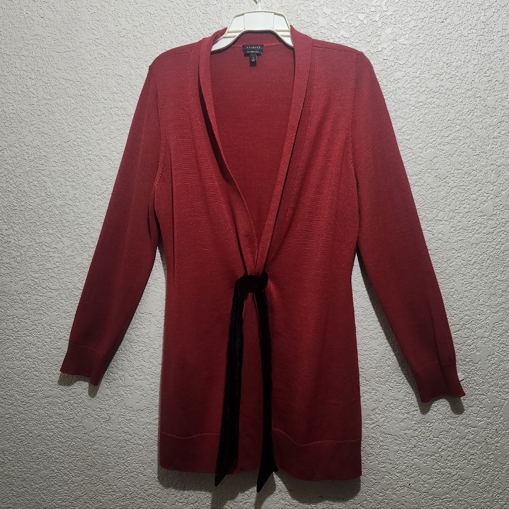 Talbots Elegant Red Merino Wool Belted Duster Cardigan
